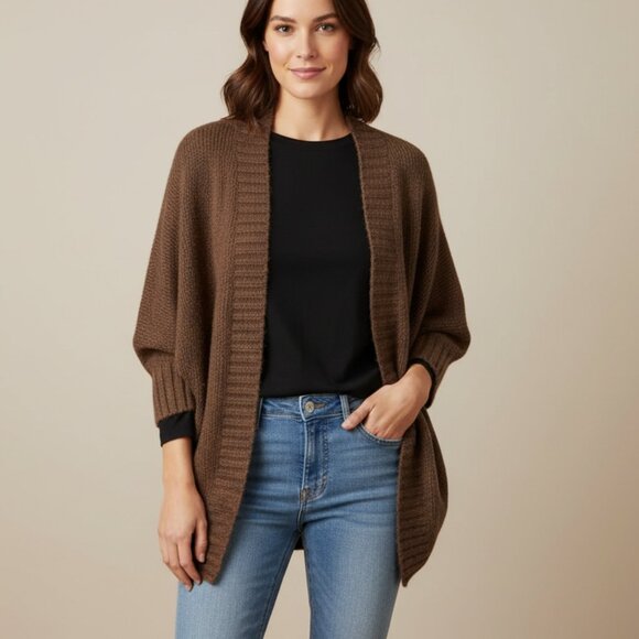 Olive & Oak Cardigan Sweater Cocoon Dolman Sleeve Open front Knit Buttons Brown - Picture 1 of 15